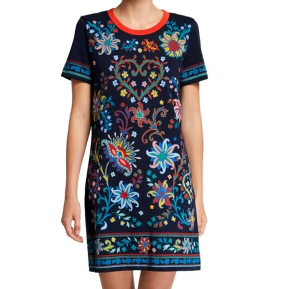Tory Burch Black Mountain Floral Navy Multicolored T-Shirt Dress Medium - Picture 3 of 12
